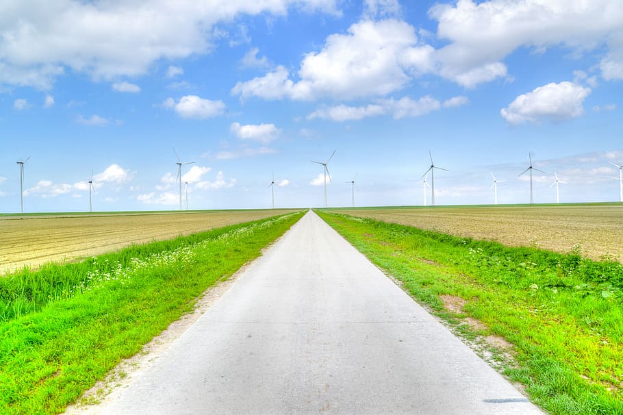 gray, concrete, road, green, plants, white, sky, wind energy, wind, energy