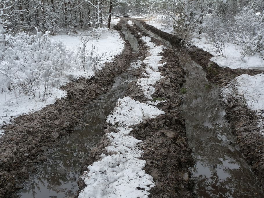 muddy, dirty, winter road, mud, nature, off-road, forest, countryside, snowy, snow