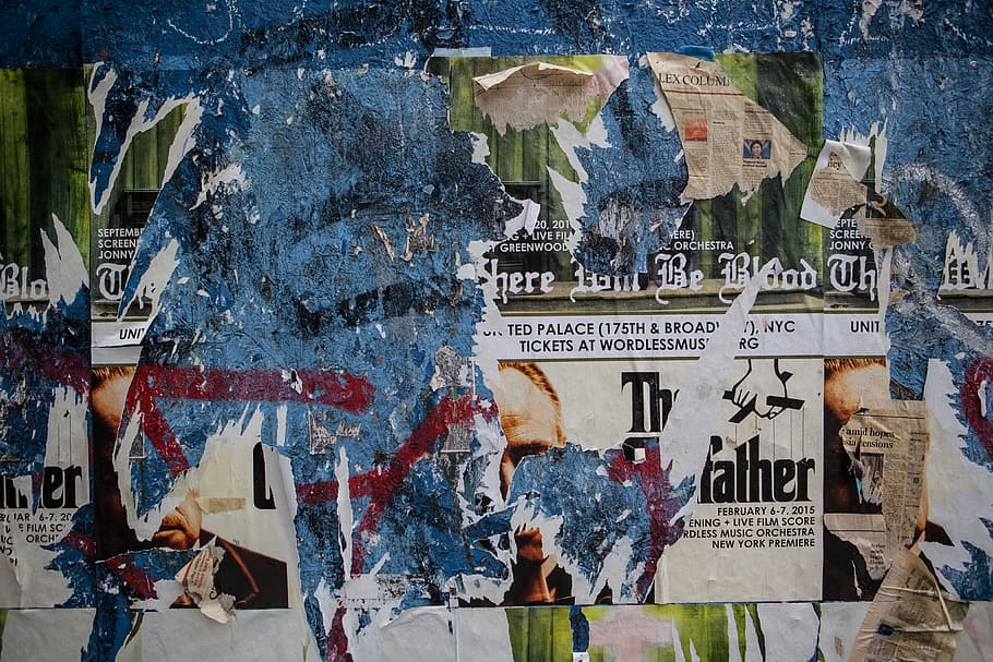 wide, angle shot, torn, flyers, posters, wall, brooklyn, new, york city, Wide angle