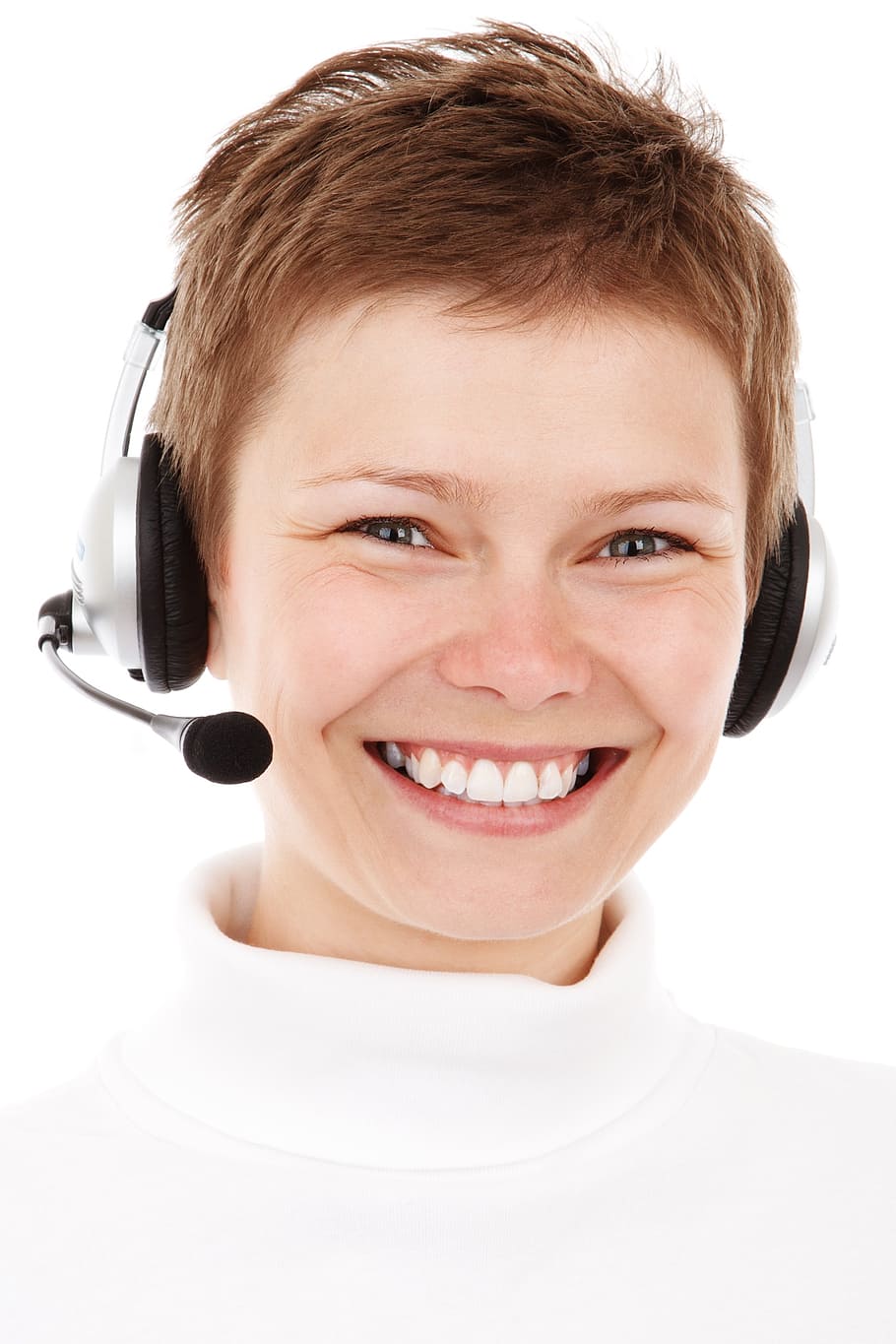 person, wearing, white, top, smiling, agent, business, call, center, communication