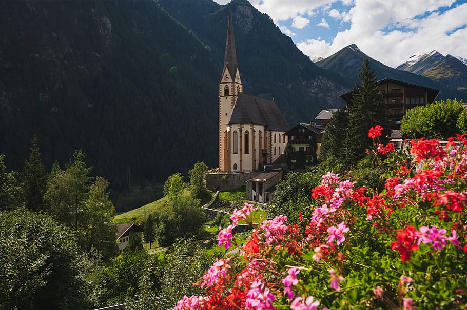 holy blood, grossglockner, carinthia, austria, mountains, church, steeple, famous, building, landscape