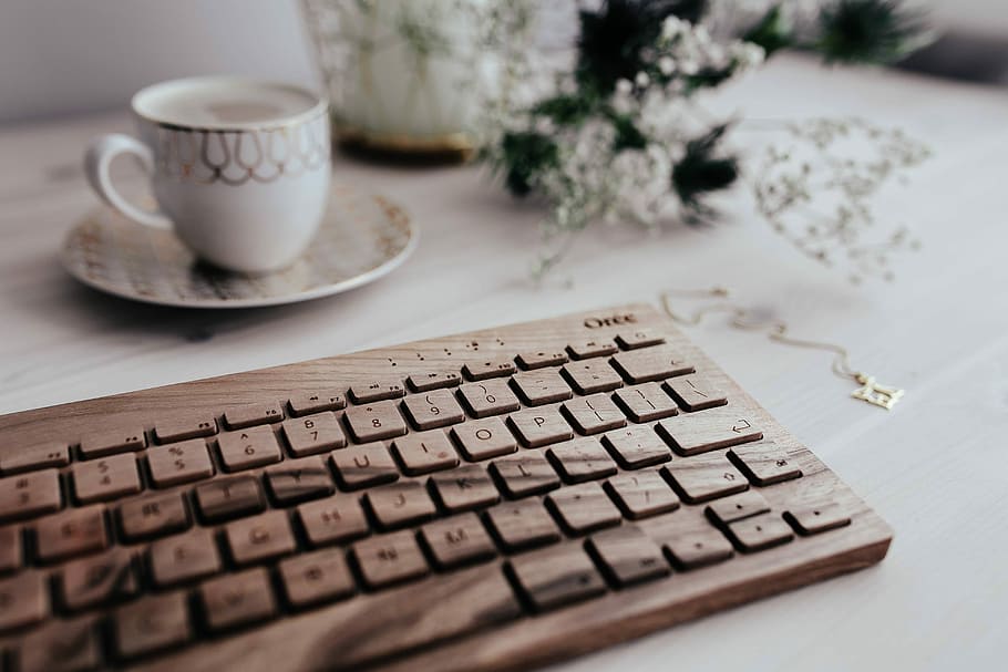 keyboard, cup, coffee, Wooden, cup of coffee, technology, desk, oree, cappucino, hipster