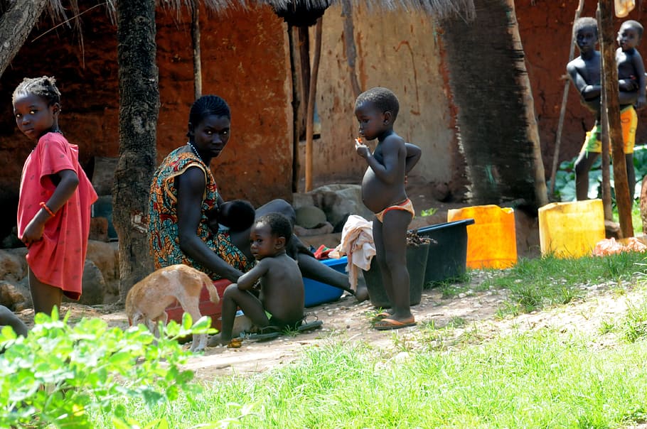 three, children, woman, sitting, front, pail, african family, bissau, guinea, black