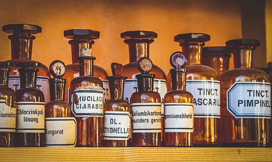 farmacia, antiguo, botellas, drogas, medicamentos, cura, química, marrón, históricamente, médica