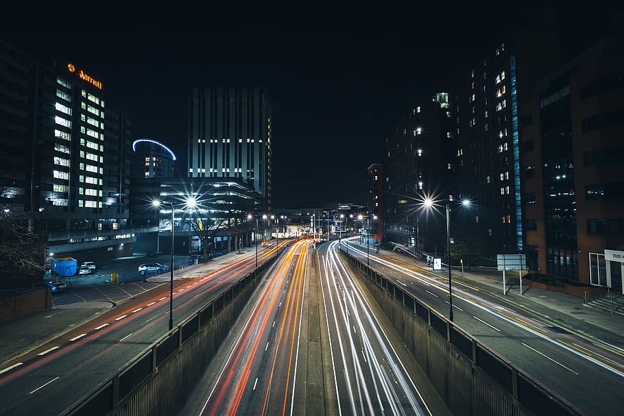 landscape photography, busy, road, nighttime, dark, night, lights, highway, sky, architecture