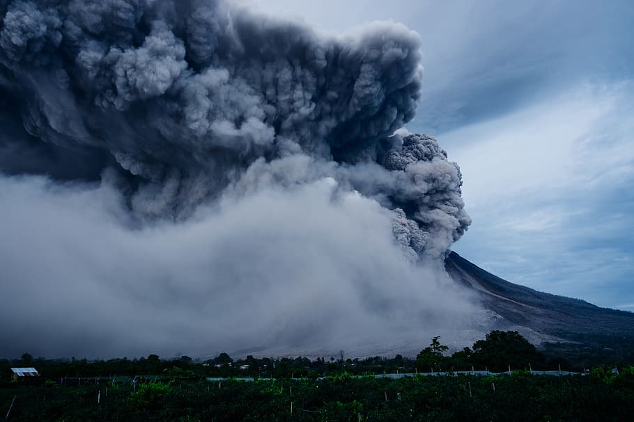 landscape photography, green, leafed, trees, volcano, explosion, nature, eruption, smoke, house