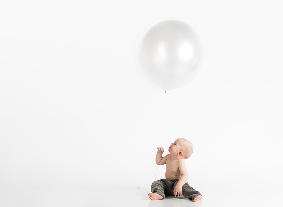 balloons, child, baby, minimalist, white background, cute, portrait, sitting, childhood, one person