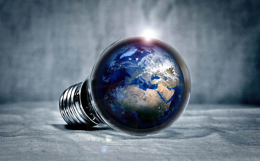 globo en bombilla, tierra, planeta, continentes, luz, pera, bombilla, destellos, energía, revolución energética