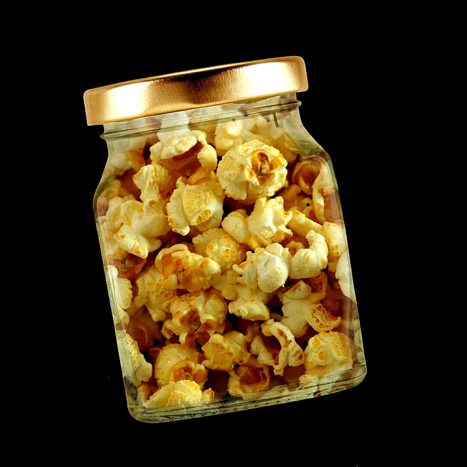 popcorn, glass, lid, food, food and drink, container, black background, studio shot, indoors, close-up