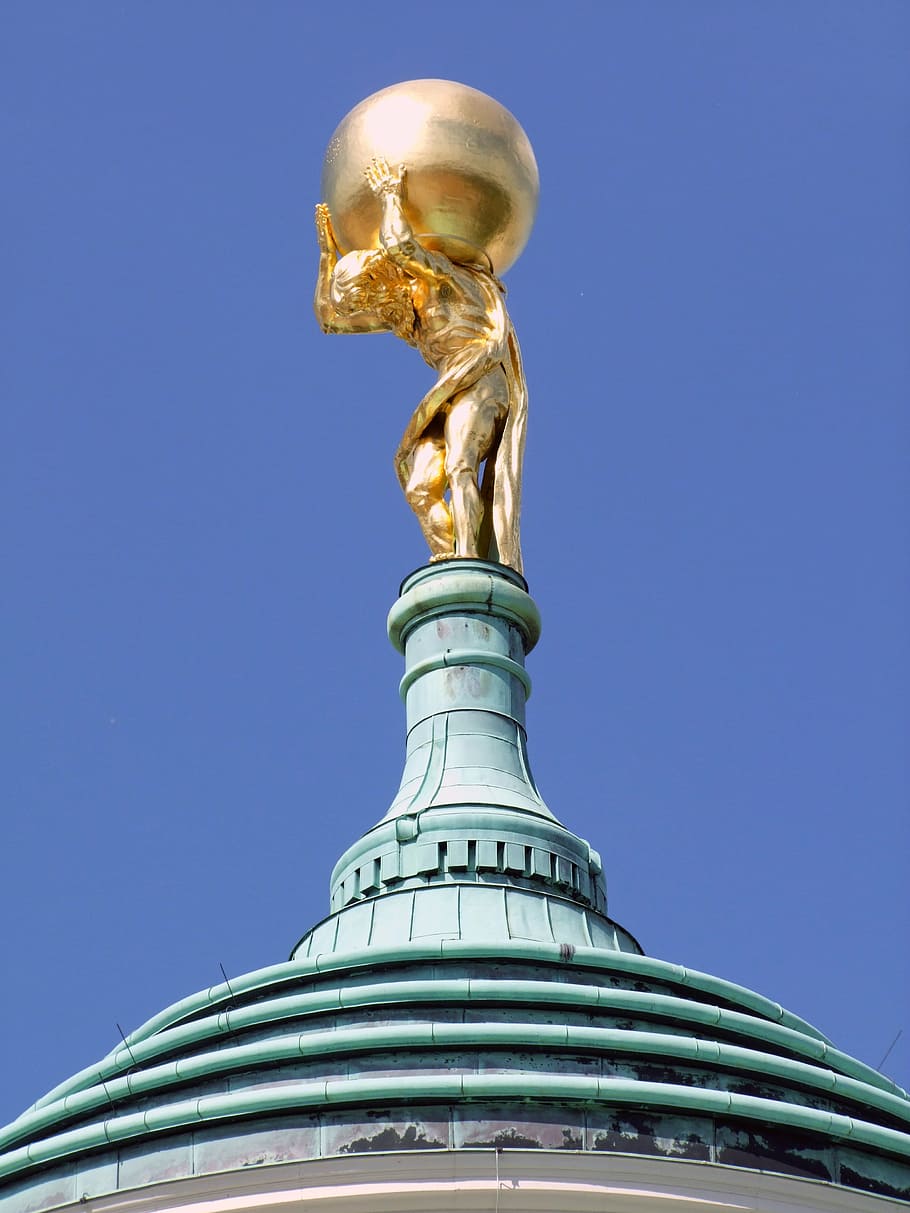 sculpture, statue, gold plated lead character, atlas, figure, in greek mythology, roof top, sky, man with globe, gold