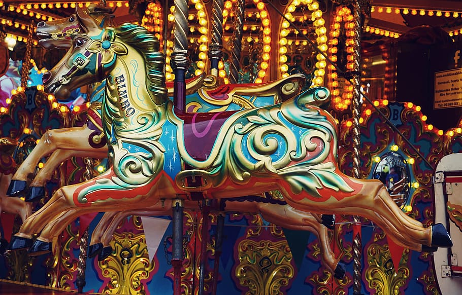 carousel, fair, ride, fun, horse, amusement, karnaval, lampu, hiasan, hiburan