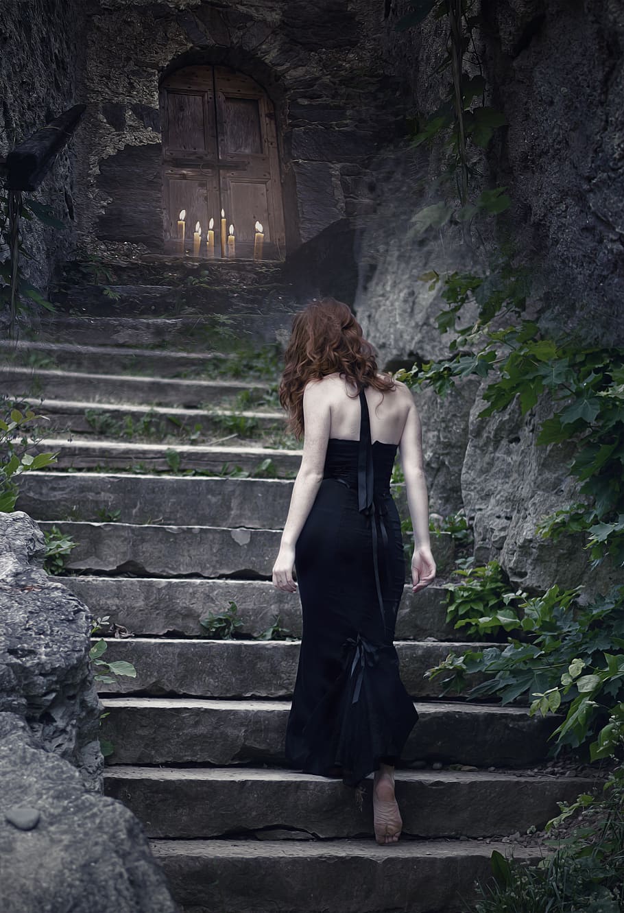 witch, sorceress, fantasy, dark, gothic, stairs, door, candles, ritual, magic