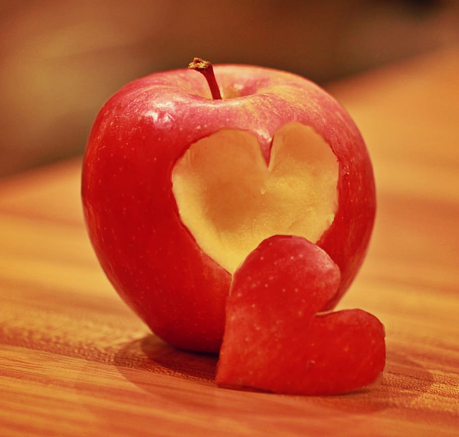 red, apple, heart, cut, fruit, love, healthy, sweet, deco, section