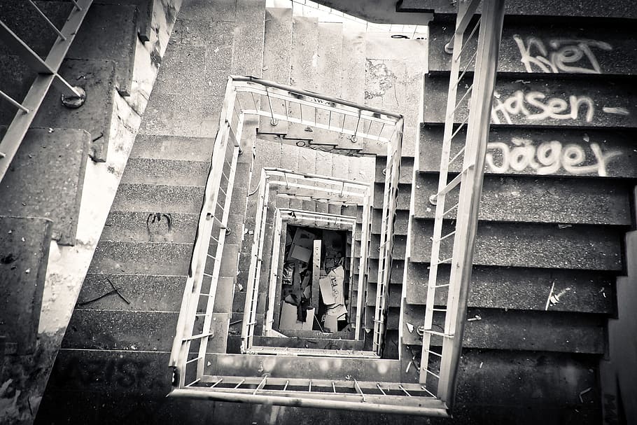 grayscale photography, rectangular, staircase, lost places, leave, old, stairs, broken, pforphoto, building