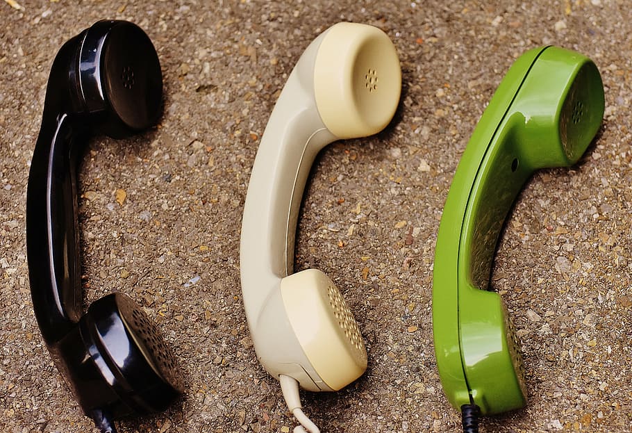 three, black, white, green, corded, telephones, brown, surface, telephone handset, phone