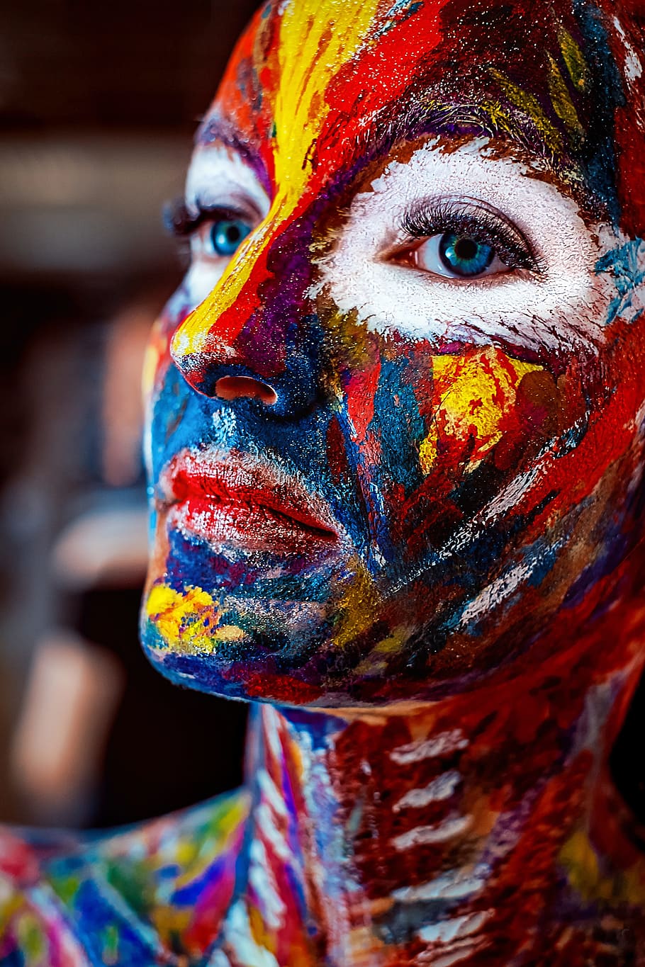 macro photo, multicolored, face, painted, blue-eyed, woman, rainbow, paint, color, juicy