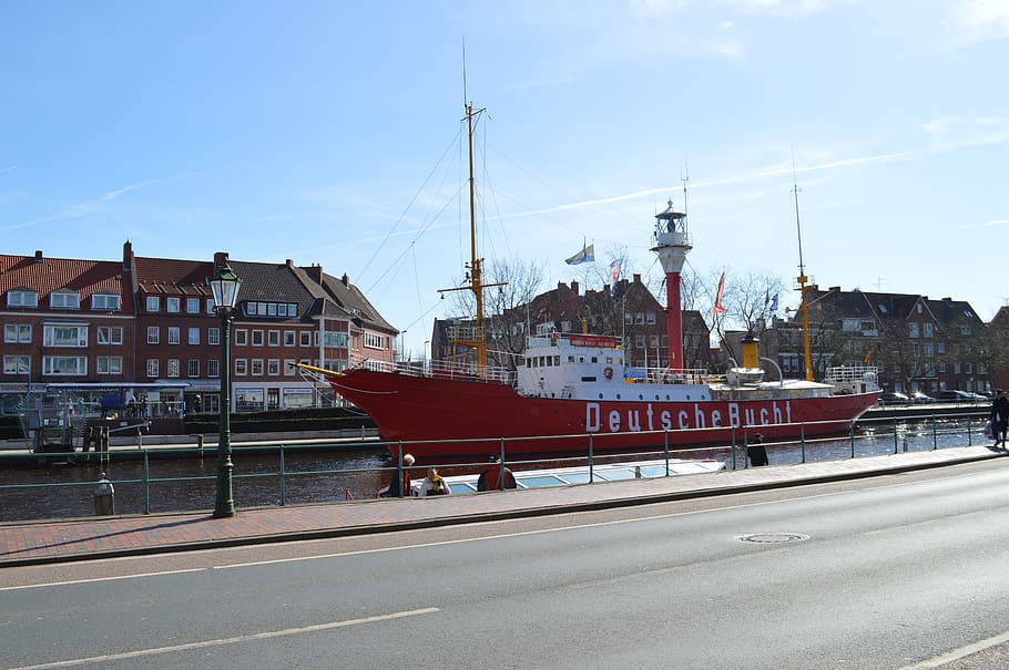 ship, port, shipping, museum, lightship, seafaring, water, red, sky, transportation