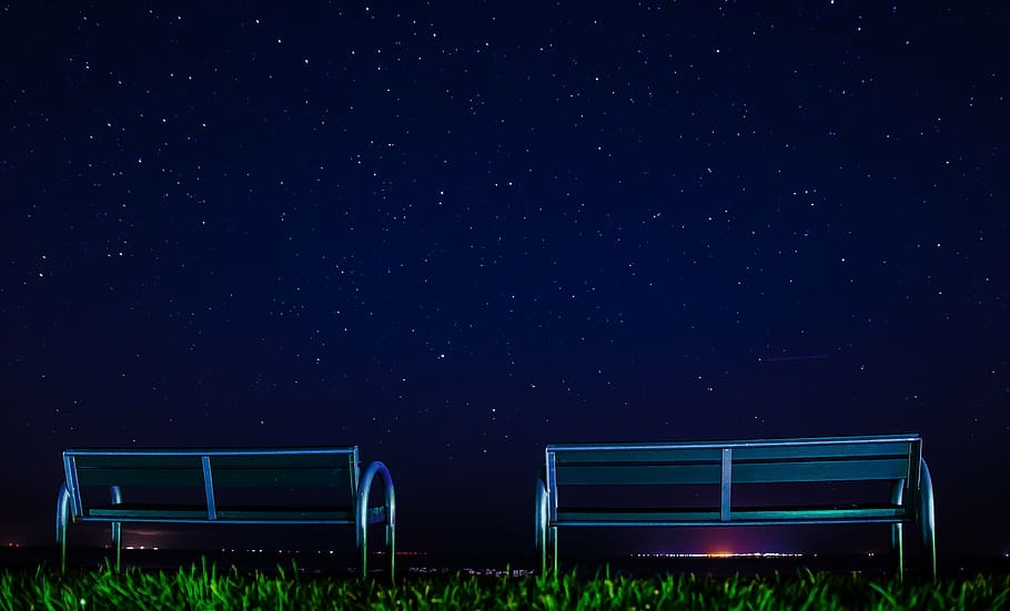 two, silver metal bench, green, grass field, starry sky, landscape, sky, star, night, moon