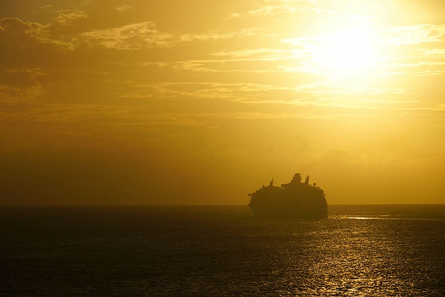 puesta de sol, mar, barco, crucero, amarillo, naranja, sol, agua, cielo, embarcación náutica
