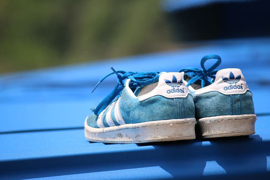 blue, adidas, shoes, focus on foreground, shoe, close-up, absence, two objects, pair, still life