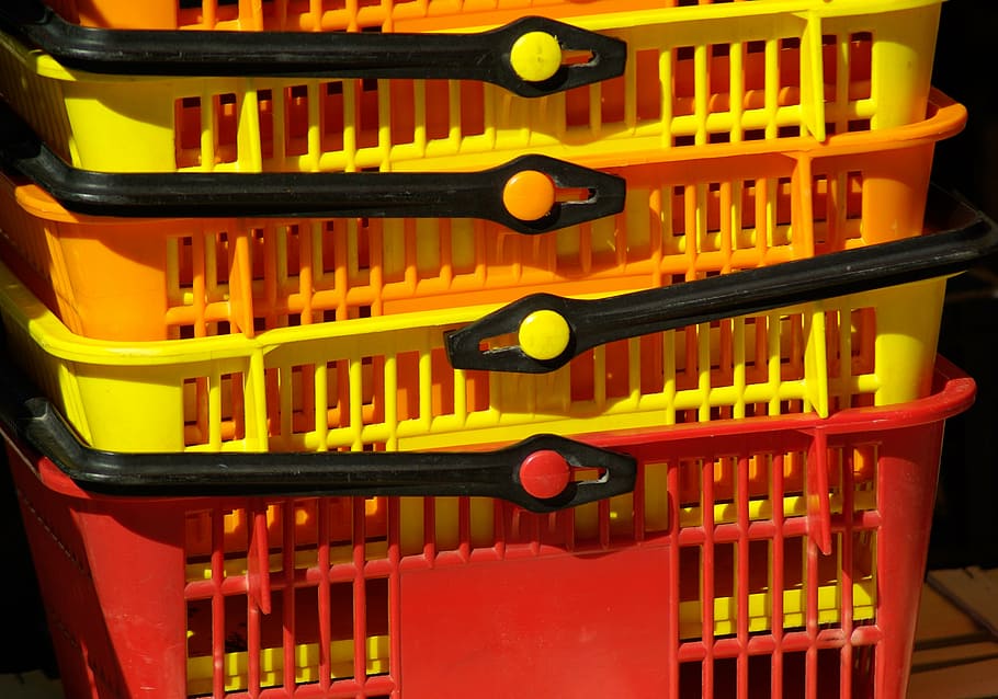 shopping carts, store, shopping, supermarket, plastic, retail, shelf, yellow, in a row, indoors
