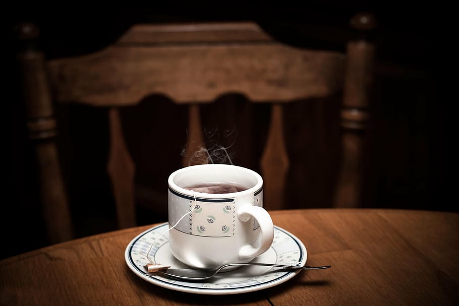 selective, focus photo, white, teacup, saucer, table, tea, hot, cup, drink