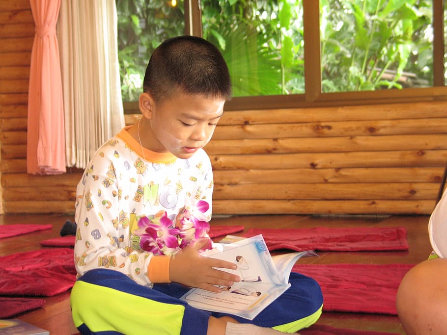child, boy, reading, learning, thailand, tailor seat, crossed-legged, asian, childhood, sitting