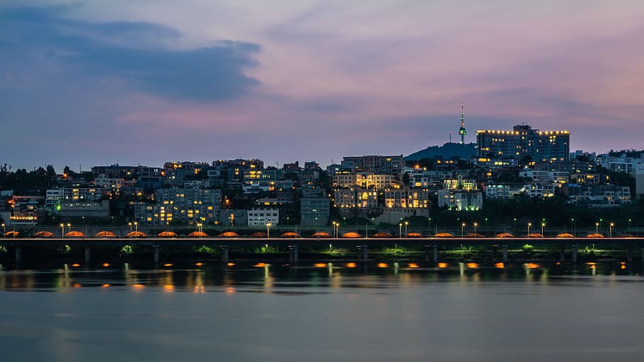 purple, sunset, river, reflection, seoul, travel, korea, south korea, city, buildings