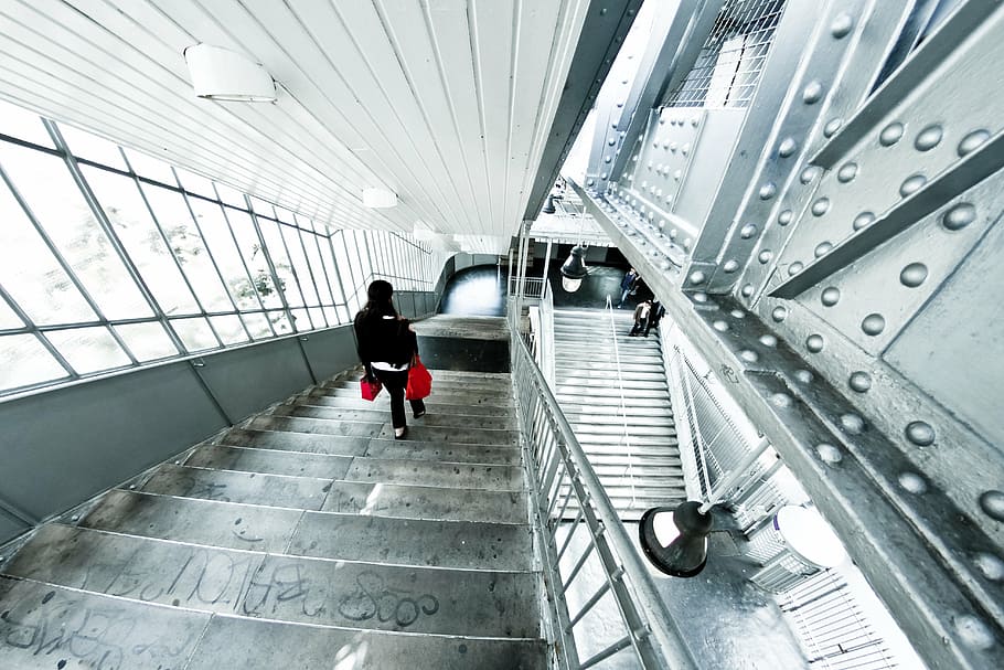 staircase, paris, metro, france, city, street, grey, red, iron, steel