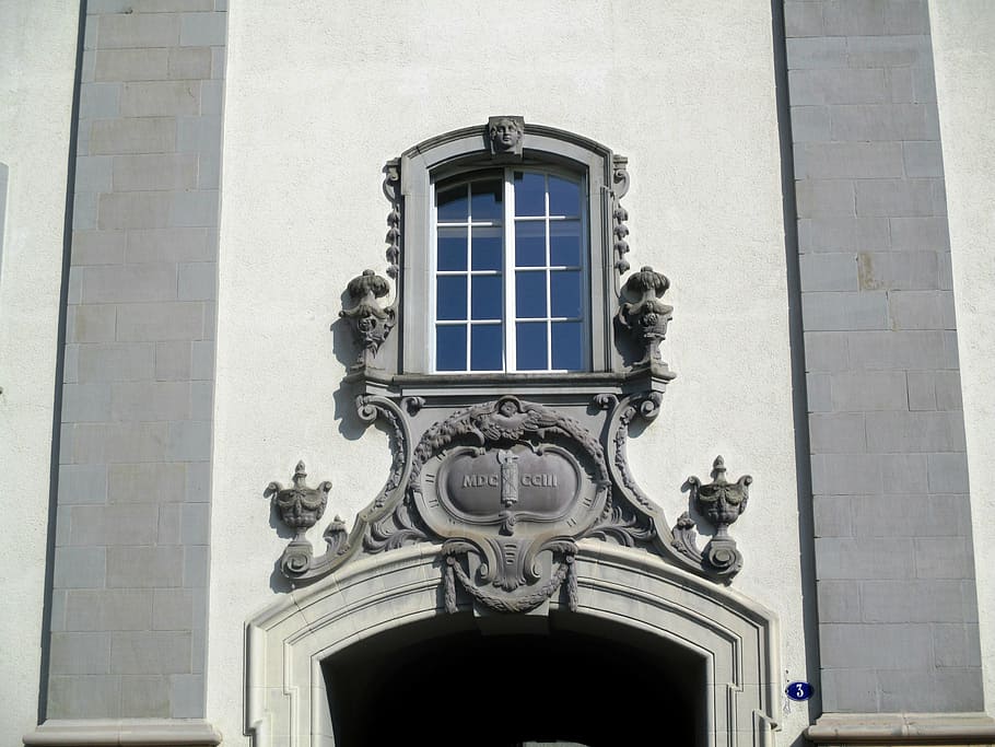 building, abbey district, east entrance, arches, decorated, facade, window caption, roman numerals, st gallen, switzerland