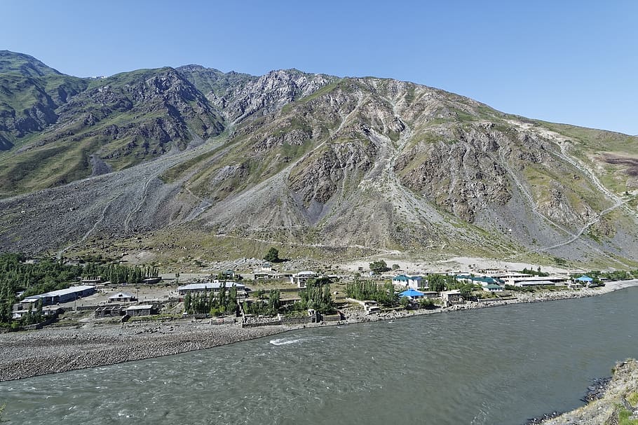 tajikistan, provinsi pegunungan-badakhshan, pegunungan tinggi pamir, sungai pandsch, lembah pandsch, pemandangan, sungai, daerah perbatasan, afghanistan, gunung