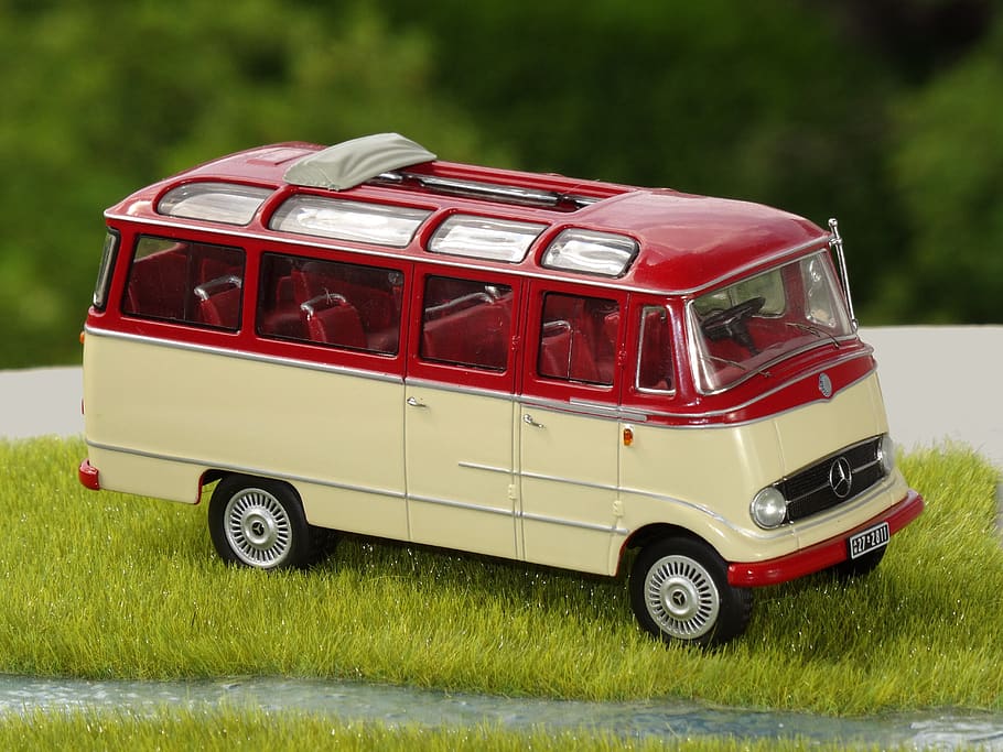 model car, minibus, coach, mb o 319, 1 43 scale, fifties, oldie, oldtimer, land vehicle, red