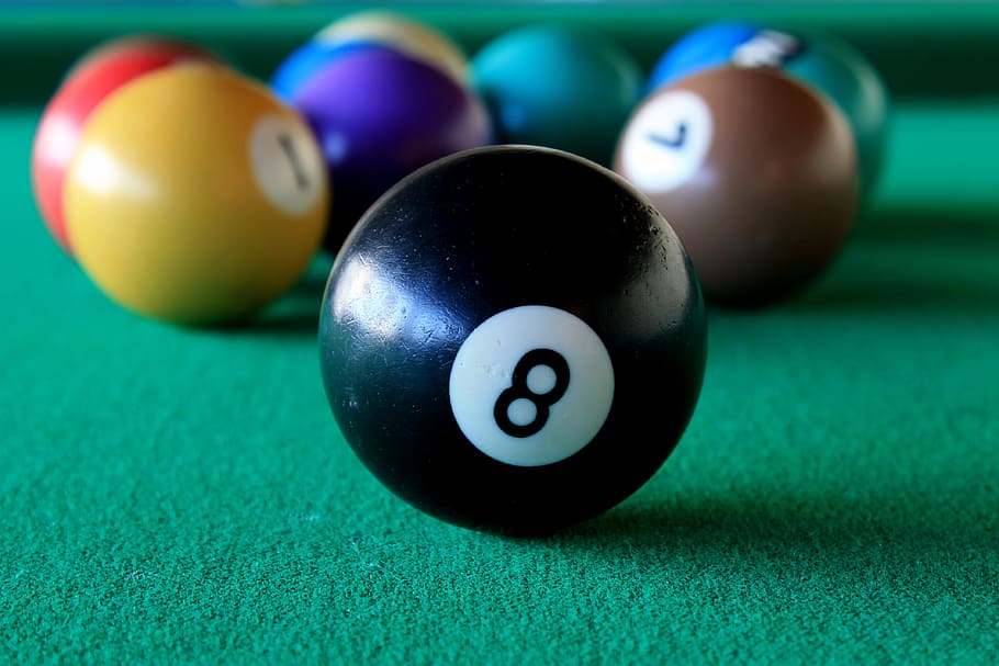 closeup, foto, cue ball, no.8, snooker, biliar, permainan, bola, berwarna, kompetisi