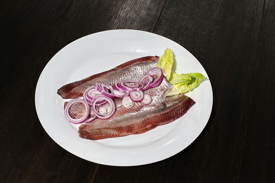 herring, fish, pickled herring, christmas herring, red onion, salad, food, dining, lunch, taste
