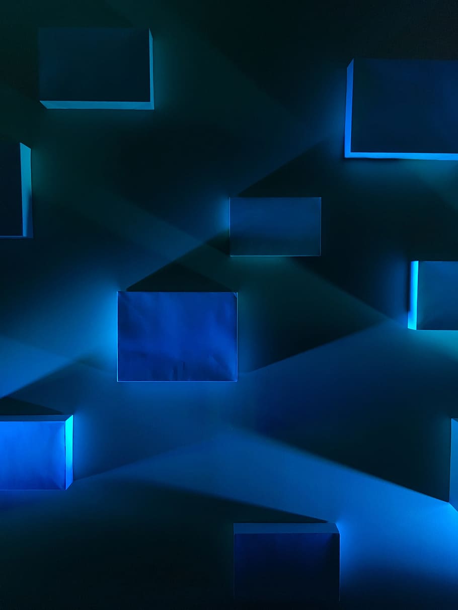 wallpaper kotak biru, biru, blok, bayangan, kotak, kontemporer, diterangi, teknologi, futuristik, bentuk