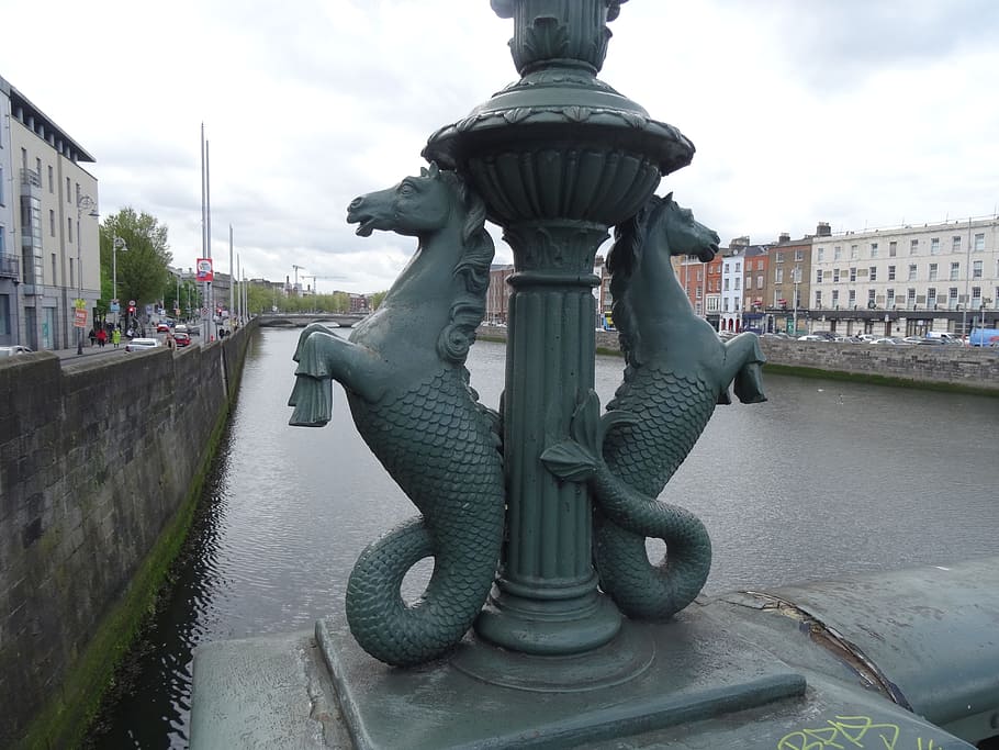 ireland, seahorses, bridge, celtic, culture, gaelic, design, mythology, architecture, sculpture
