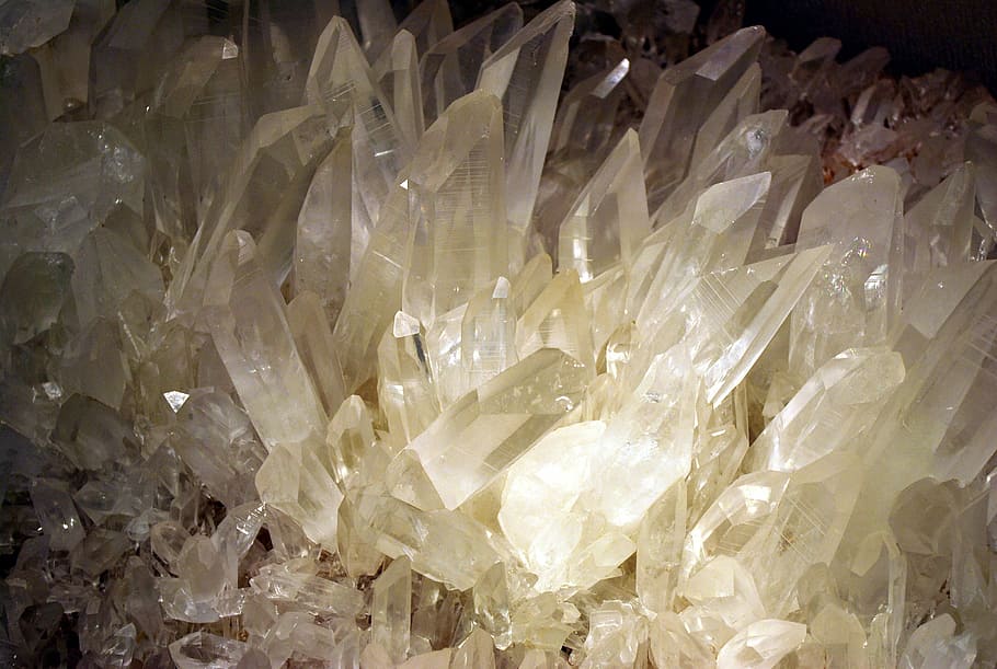 batu kristal bening, kristal, kuarsa, mineral, transparan, kaca, es, industri, di dalam ruangan, close-up