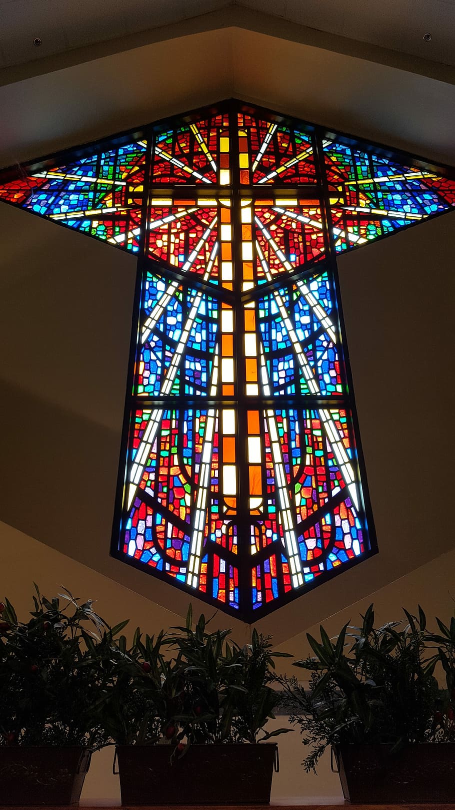Stained Glass Window, Cross, Church, cross, church, christian, colorful window, window, indoors, multi colored, religion