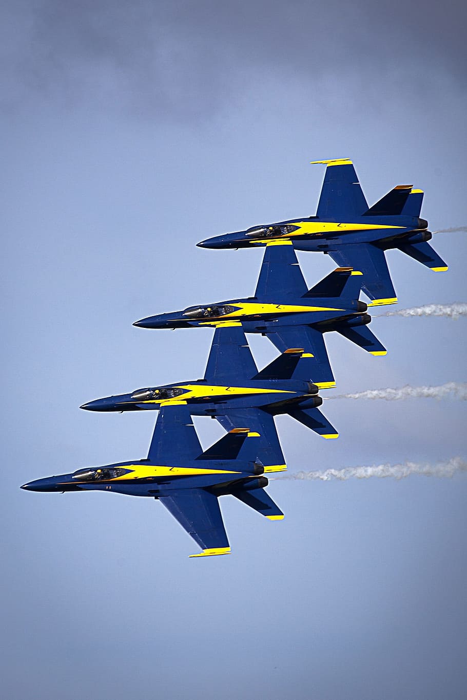 four, blue-and-yellow jet planes, flight, blue angels, navy, precision, planes, training, sortie, maneuvers