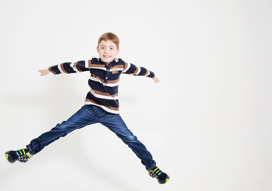 action, fun, jump, child, full length, studio shot, portrait, looking at camera, one person, males