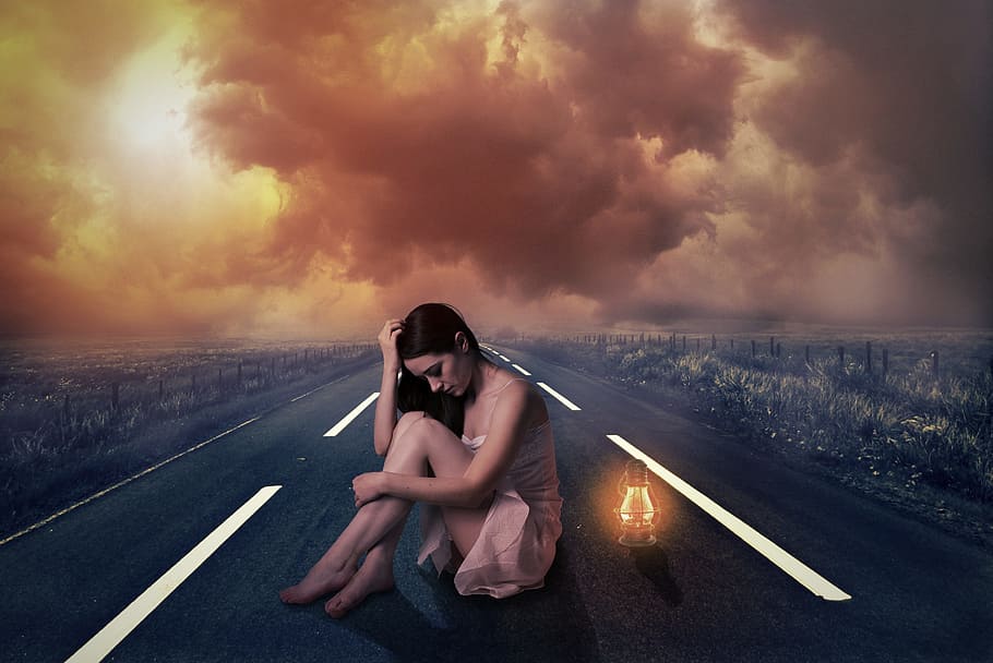 woman, sitting, middle, road, lamp, sunset, dusk, sky, nature, outdoors