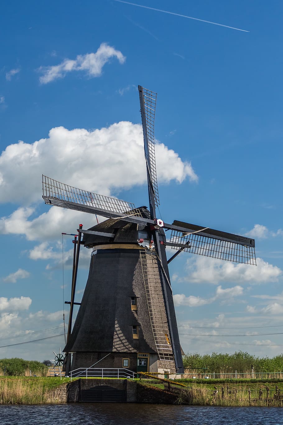gris, cuerpo, agua, molino de viento, Países Bajos, kinderdijk, energía alternativa, conservación del medio ambiente, energía eólica, turbina eólica