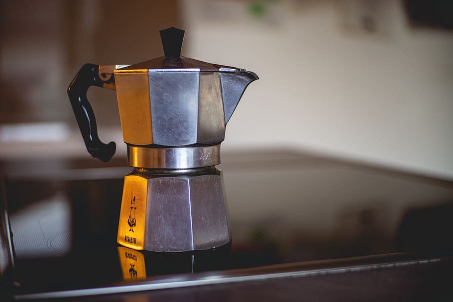 café, cafeteira mocha, preto, café da manhã, gosto, fresco, quente, manhã, fragrância, bebida