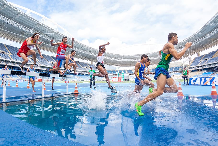 group, person, playing, running, action, athletes, competition, hurdle, men, people