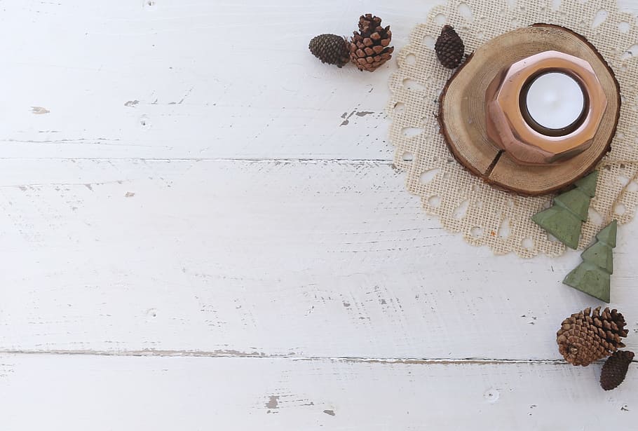brown, pinecones, wooden, surface, white wood, desk, winter, christmas, wood - Material, old
