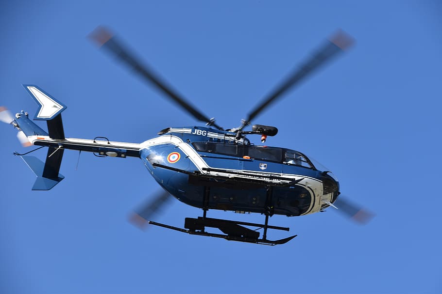 helicopter, fly, flight, national gendarmerie, relief, élices, palles, blue sky, france, passy-full-joux