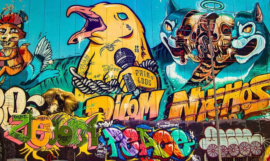graffiti, street art, mountains, wall, multi colored, representation, art and craft, human representation, creativity, male likeness