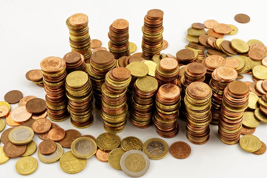 pilha, moedas, branco, superfície, euro, dinheiro, finanças, salvar, centavo, moeda