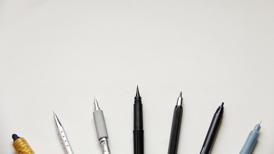 sete, canetas esferográficas de cores sortidas, bola sete, caneta, branco, papel, em branco, artista, arte, equipamento