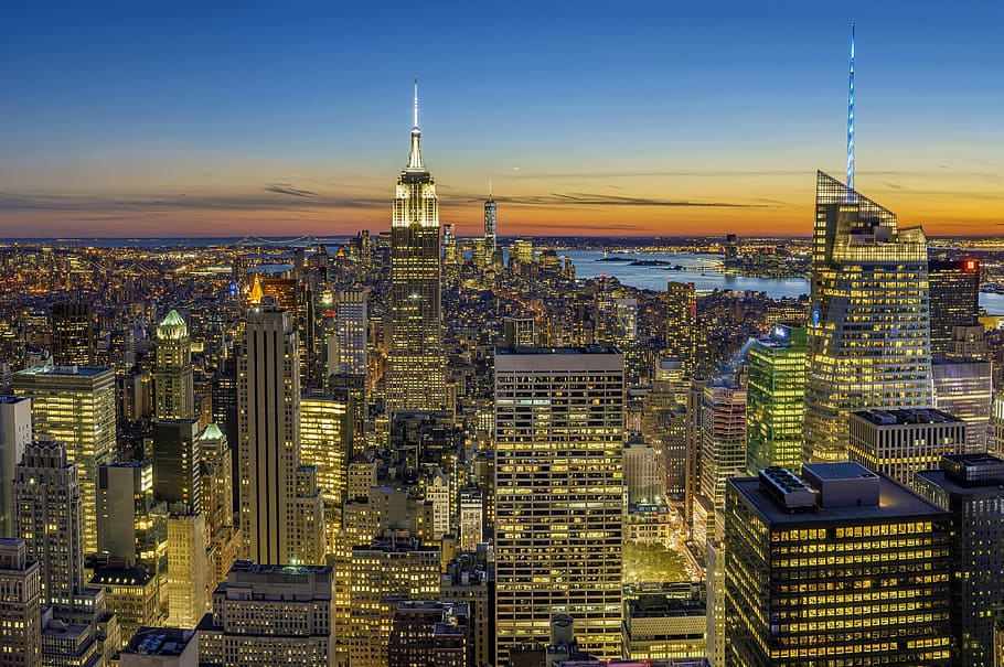 エンパイアステートビルディング, 新しい, ニューヨーク, 航空, 写真, 建物, 日没, 屋上, 超高層ビル, スカイライン